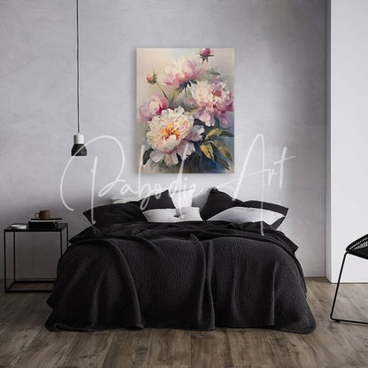 A soft watercolor painting peonies in pink and white with green leaves framed on a wall titled painting peonies
