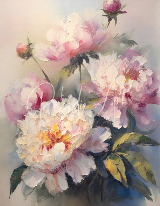 A soft watercolor painting peonies in pink white and lavender with subtle yellow centers titled painting peonies