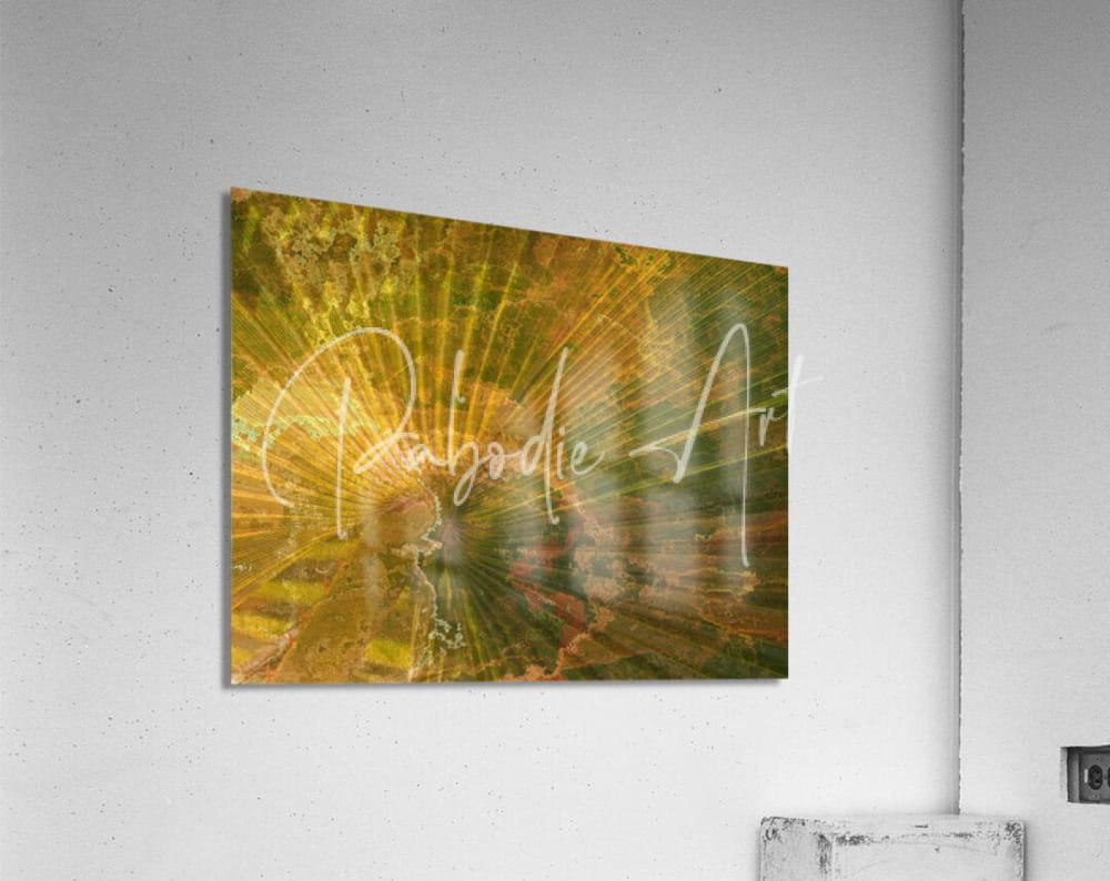 Golden-yellow abstract acrylic print titled palm burst rays featuring radiant sunburst design with faint cursive text