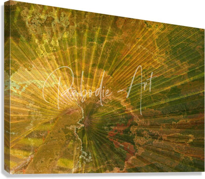 Palm burst rays vibrant abstract canvas print with radiant golden and green rays and textured earthy tones