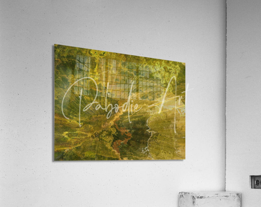 Abstract art print palm burst rays ii with swirling green and yellow hues mounted on a white wall