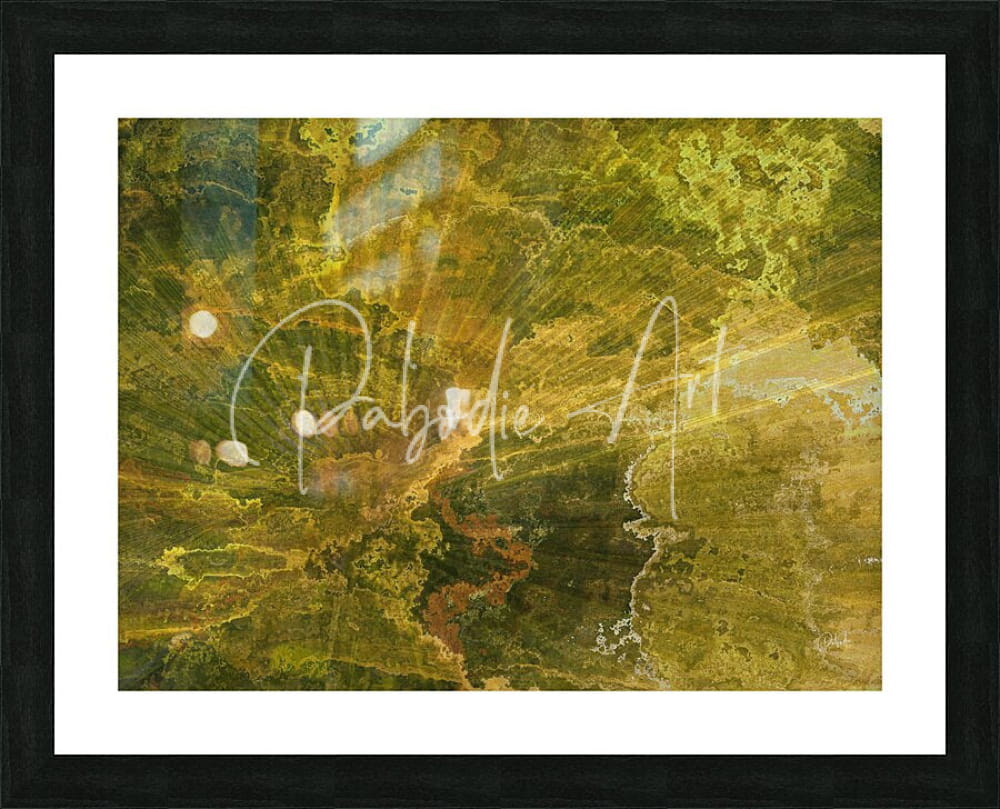 Framed abstract artwork palm burst rays II with swirling greens yellows and earthy tones in textured layered design