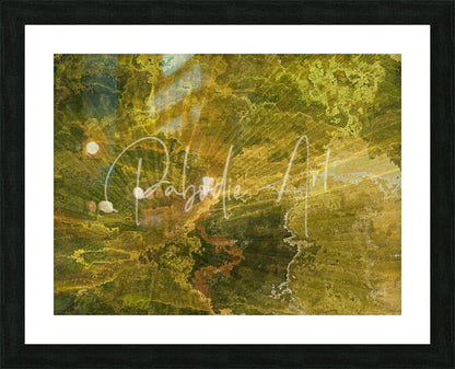 Framed abstract artwork palm burst rays II with swirling greens yellows and earthy tones in textured layered design