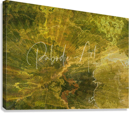 A textured canvas print palm burst rays ii with an abstract earthy design in shades of green and gold