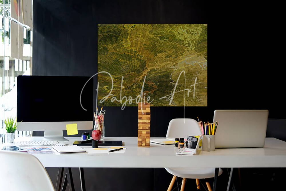 A rectangular canvas print titled palm burst rays II with an abstract textured design in green and gold tones hanging on a wall