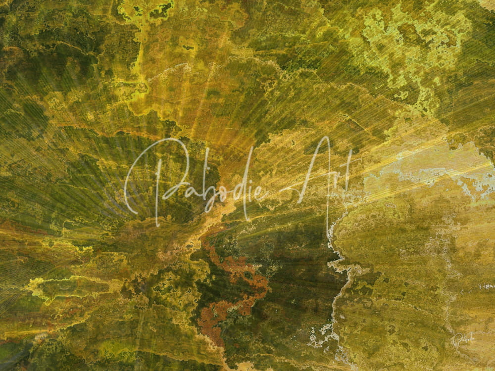 Abstract painting palm burst rays ii with swirling textures in olive green mustard yellow and earthy brown colors