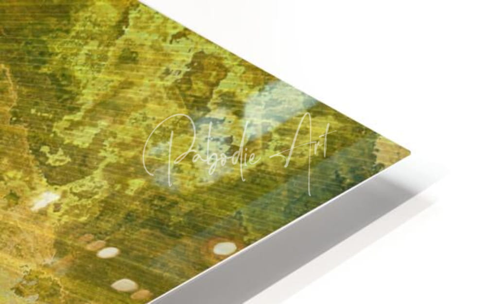 A modern angled metal print palm burst rays ii with textured green and yellow abstract landscape and palodie art signature