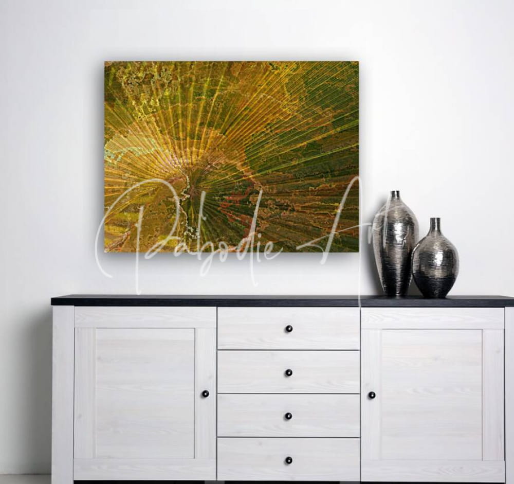 A vibrant abstract canvas painting titled palm burst rays featuring radiating golden and green sunburst design textures