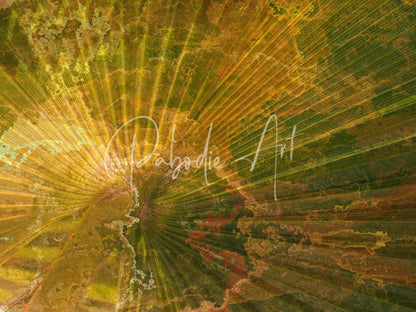 A radiant textured fan palm burst rays with distressed golden and green patina decor