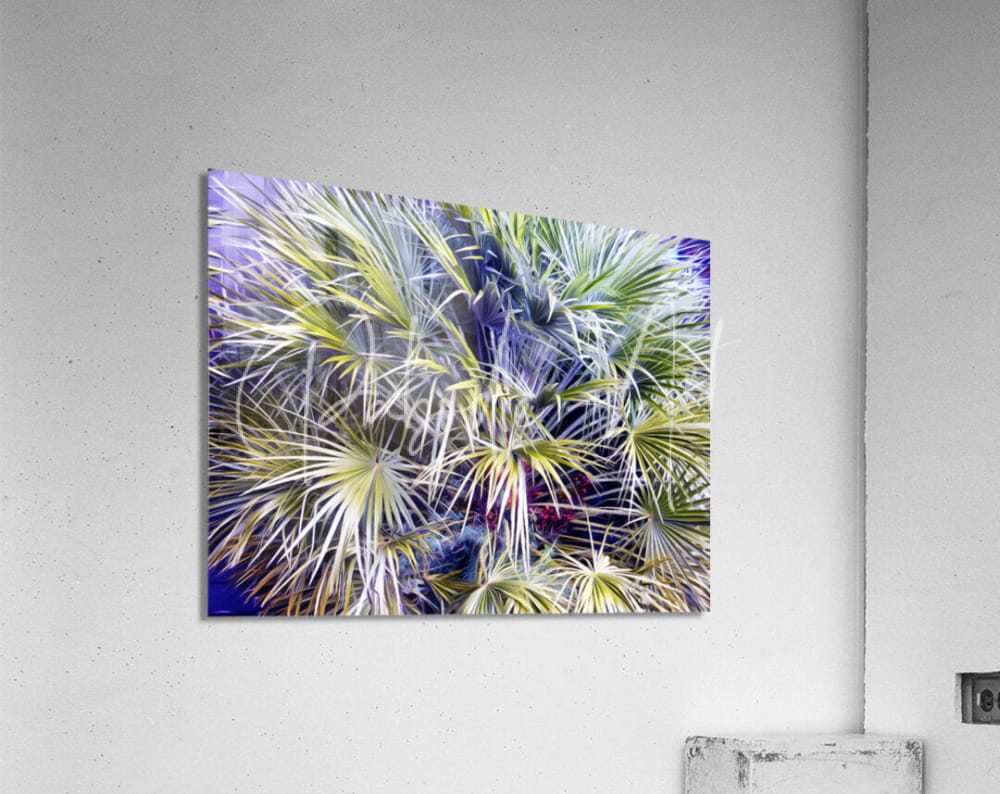 A vibrant abstract acrylic print titled palms and berries featuring green and white palm fronds on a deep purple background