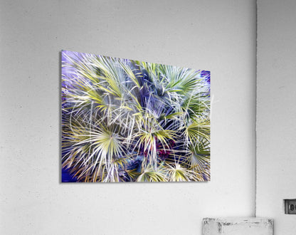 A vibrant abstract acrylic print titled palms and berries featuring green and white palm fronds on a deep purple background