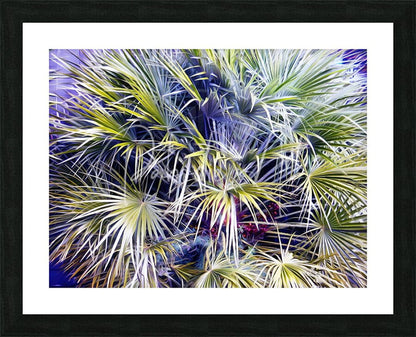 Framed artwork palms and berries featuring vibrant stylized green and white palm fronds on deep purple background