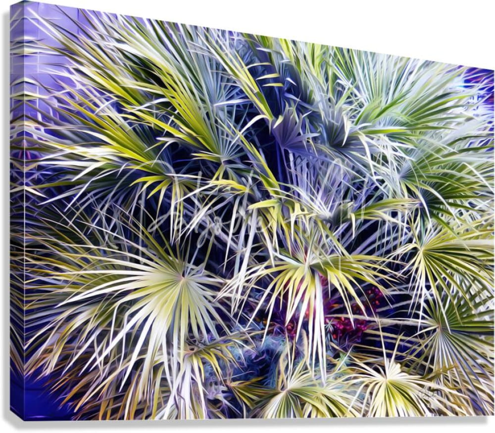 Vibrant palms and berries canvas print with stylized green yellow and white palm fronds on deep purple background
