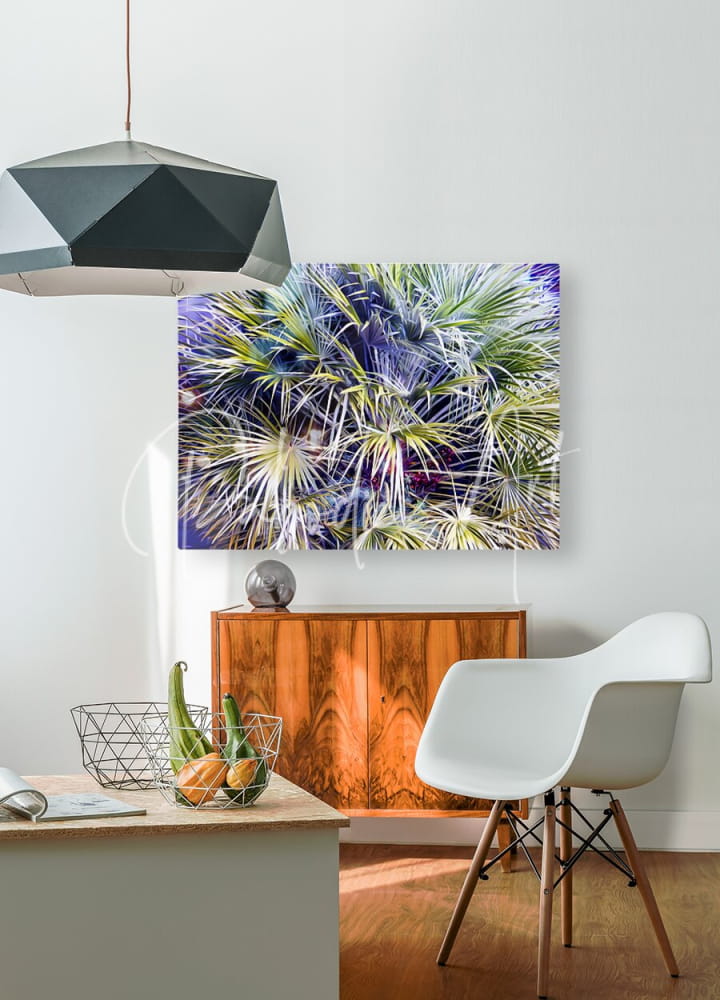 A vibrant abstract canvas print titled palms and berries featuring close-up green and purple palm fronds