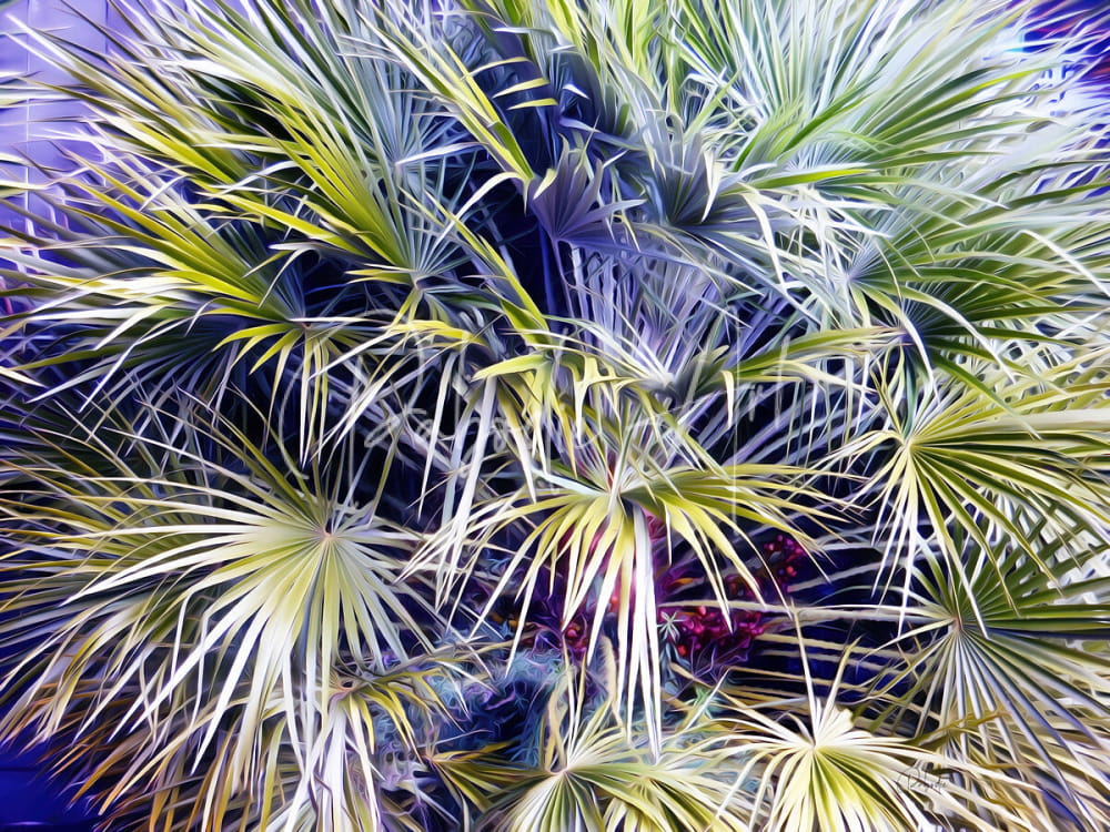 Vibrant green and white stylized fan-shaped palm fronds in an artistic rendering from Palms and Berries collection