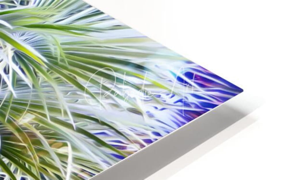 A vibrant stylized palm frond artwork printed on sleek white acrylic float titled palms and berries