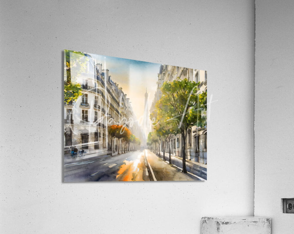 Watercolor print of a parisian street scene mounted on clear acrylic displaying vibrant colors titled A Paris Morning