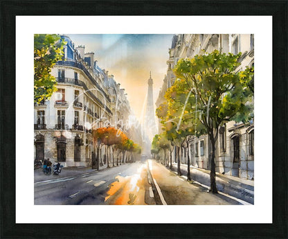 A watercolor painting titled a paris morning of a parisian street with the eiffel tower in the distance framed in black