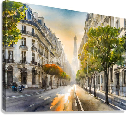A watercolor canvas painting titled a paris morning depicting a parisian street scene with the eiffel tower in the distance
