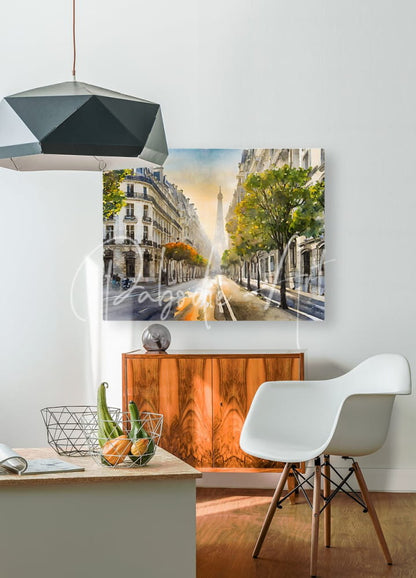 A watercolor painting titled A Paris Morning depicting a parisian street scene with warm tones and the eiffel tower afar