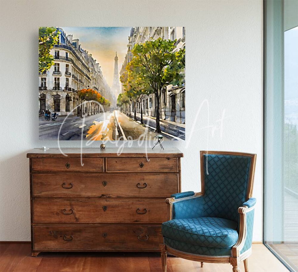 Watercolor painting titled a paris morning showing a parisian street scene with eiffel tower lush green trees and golden light