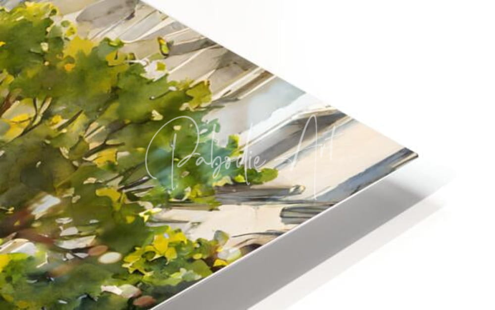 A paris morning metal print artwork of watercolor green foliage and beige architectural lines on sleek metal surface