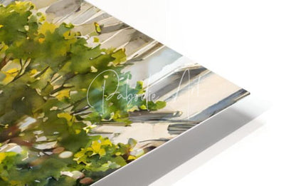 A paris morning metal print artwork of watercolor green foliage and beige architectural lines on sleek metal surface