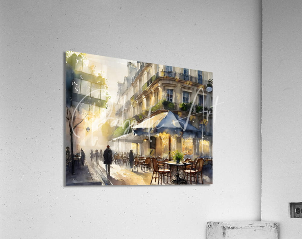 Watercolor painting paris waking up featuring a parisian street café scene with golden light and blue umbrellas