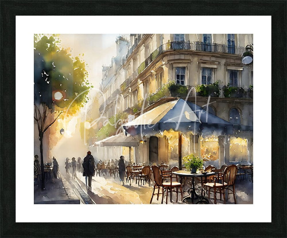 Watercolor painting titled Paris waking up depicting a parisian street café scene in warm golden light