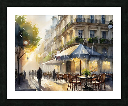 Watercolor painting titled Paris waking up depicting a parisian street café scene in warm golden light