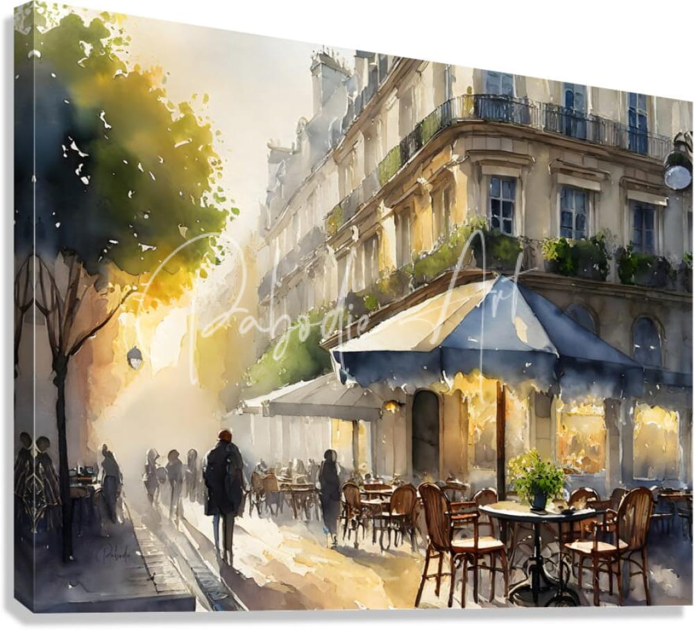 Watercolor painting on canvas of a colorful parisian street café scene titled Paris Waking Up