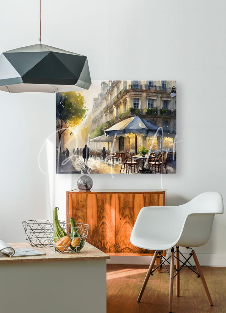 Paris waking up watercolor painting of a parisian street café with warm lighting blue umbrellas and wooden tables