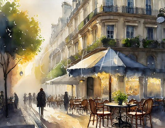 Blue and white striped café umbrella in paris waking up design made of durable fabric for outdoor use