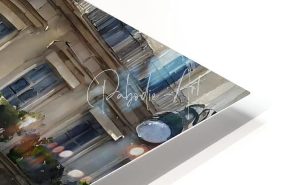 A rectangular glossy acrylic print titled Paris Waking Up featuring beige buildings and blue windows in a watercolor style
