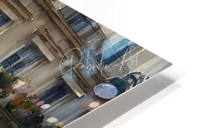 A rectangular glossy acrylic print titled Paris Waking Up featuring beige buildings and blue windows in a watercolor style