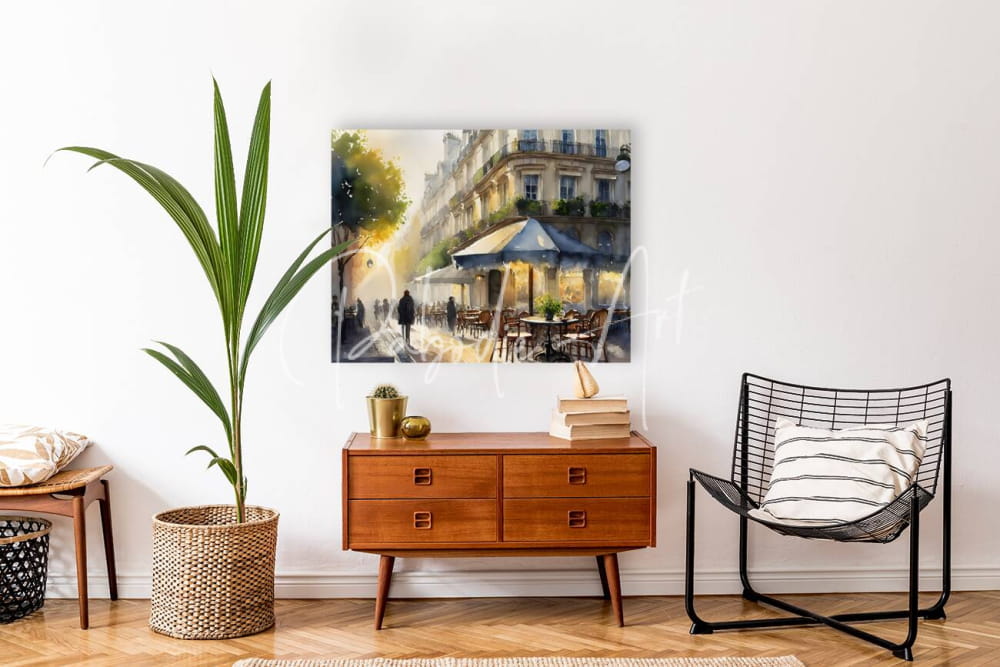 A rectangular canvas painting titled paris waking up depicting a parisian street scene with blue umbrellas and warm lighting