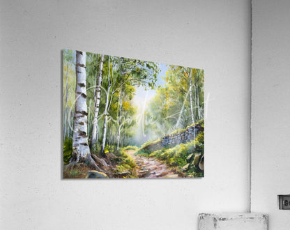 Rectangular acrylic print of a watercolor painting showing a sunlit forest path with birch trees and a stone wall on a white wall