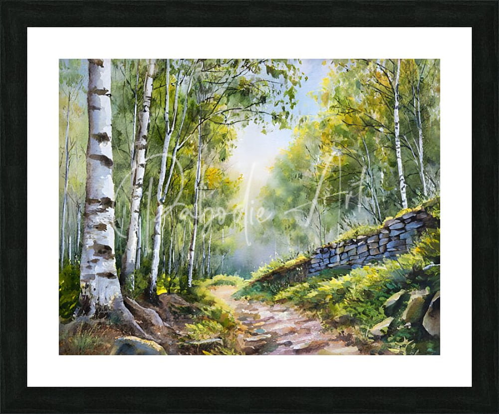 Framed watercolor painting titled path through the birches shows a sunlit forest path with birch trees and a stone wall