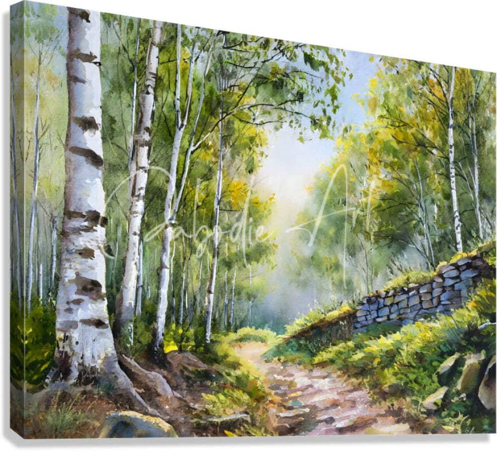 Watercolor painting on canvas of a forest path with white birch trees and a stone wall titled path through the birches