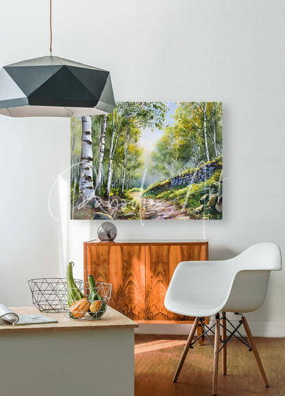 A rectangular canvas print titled path through the birches featuring a watercolor forest with birch trees and stone path