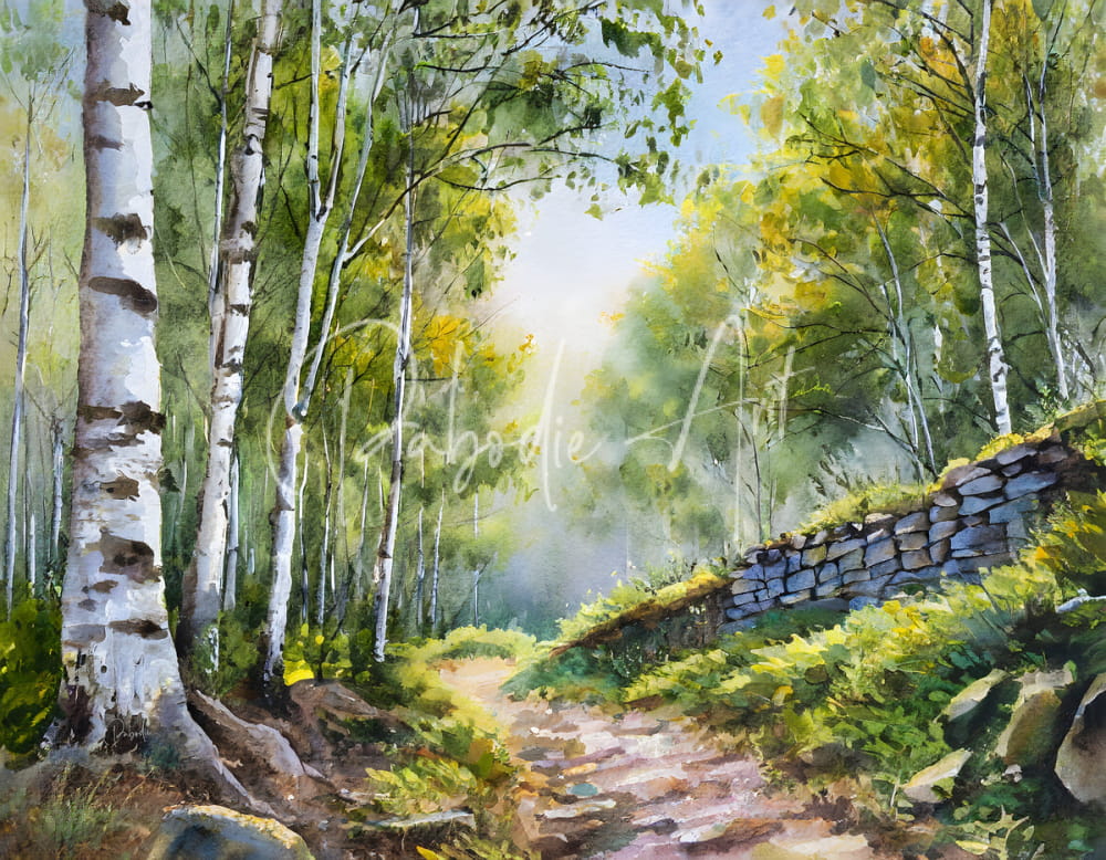 A watercolor painting titled path through the birches of a sunlit forest path lined with birch trees and a stone wall