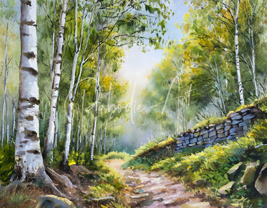 A watercolor painting titled path through the birches of a sunlit forest path lined with birch trees and a stone wall