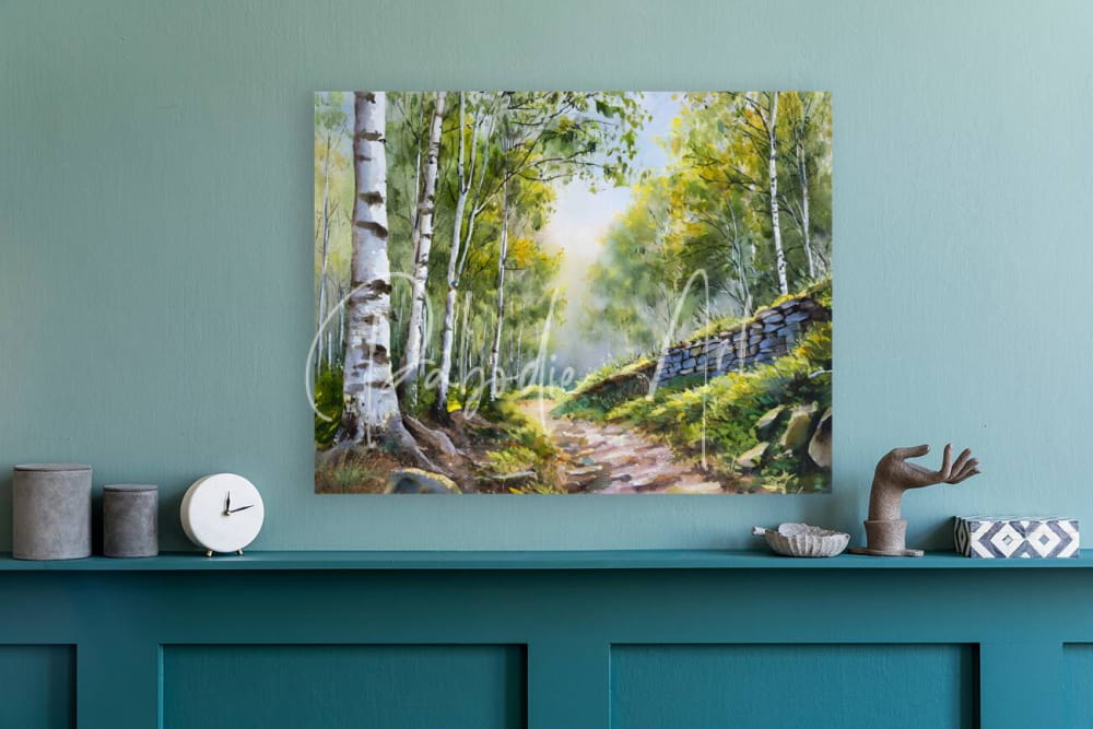 A square canvas painting titled path through the birches features a sunlit forest path with birch trees and stone wall in soft tones