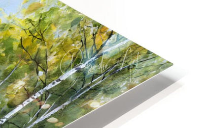 Watercolor painting of birch trees with green and yellow leaves on white acrylic print titled path through the birches