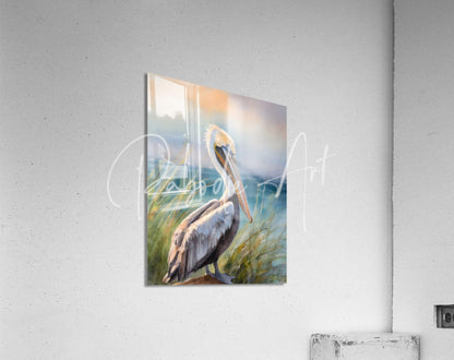 A rectangular acrylic print titled pelican shores featuring a detailed watercolor pelican with gray and white feathers