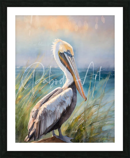 A framed watercolor painting titled Pelican Shores featuring a pelican with white and gray feathers standing in tall grass by the ocean