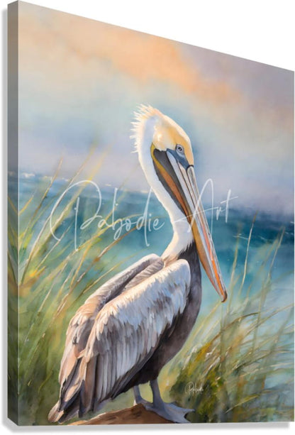 A watercolor painting of a pelican with white gray and orange feathers standing in grassy terrain from pelican shores