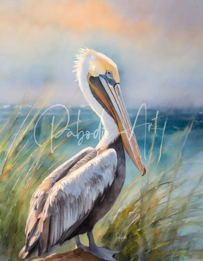 A watercolor painting of a pelican with white and gray feathers and an orange beak near the ocean titled Pelican Shores
