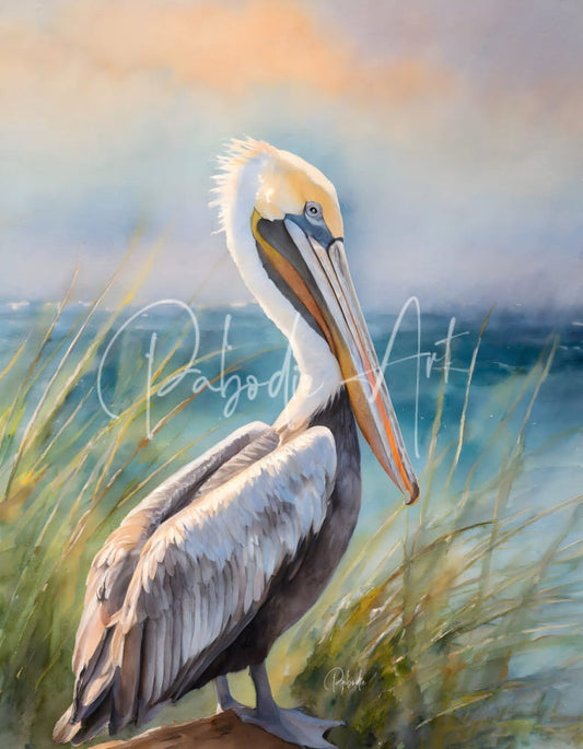 A watercolor painting of a pelican with white and gray feathers and an orange beak standing near ocean grass in pelican shores