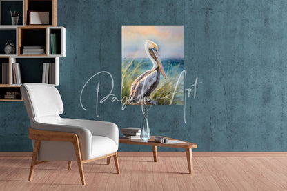 Watercolor painting of a pelican in gray white and yellow on canvas from Pelican Shores collection